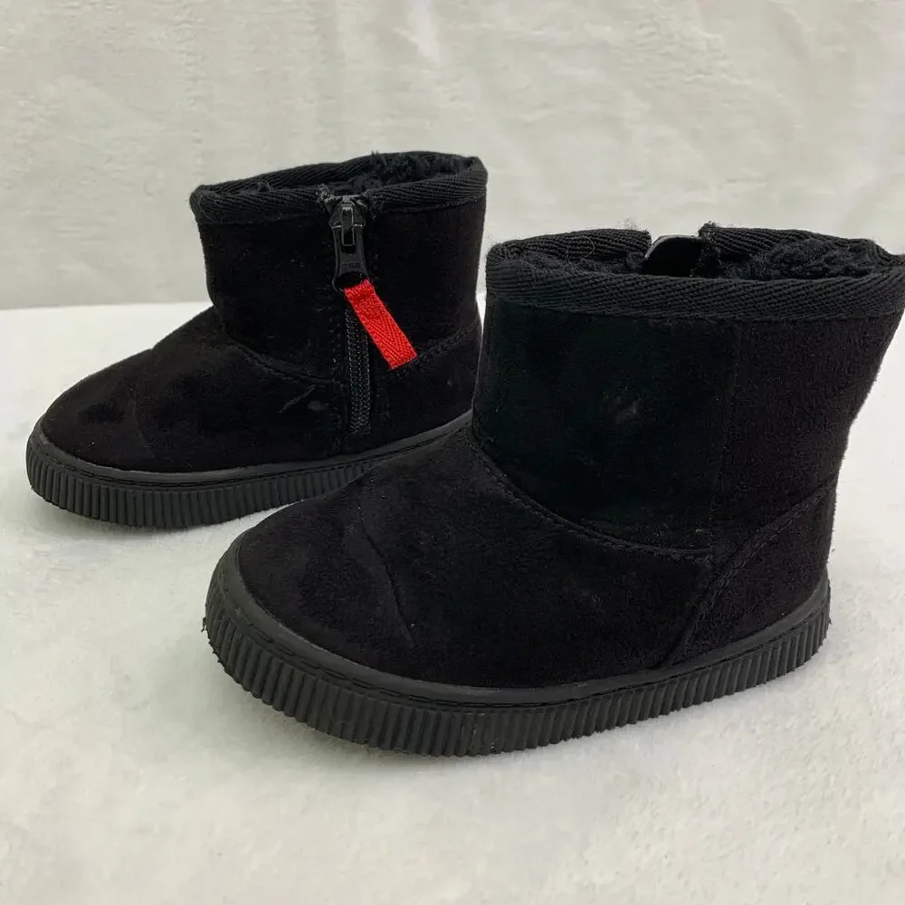 Cat & Jack Little Girls Sz 6 Black Faux Fur Fleece Lined Black Zip Up Boots Mid
